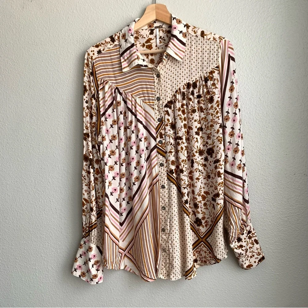 Free People Button Down Shirt M Long Sleeve Hazel Printed Blouse Top